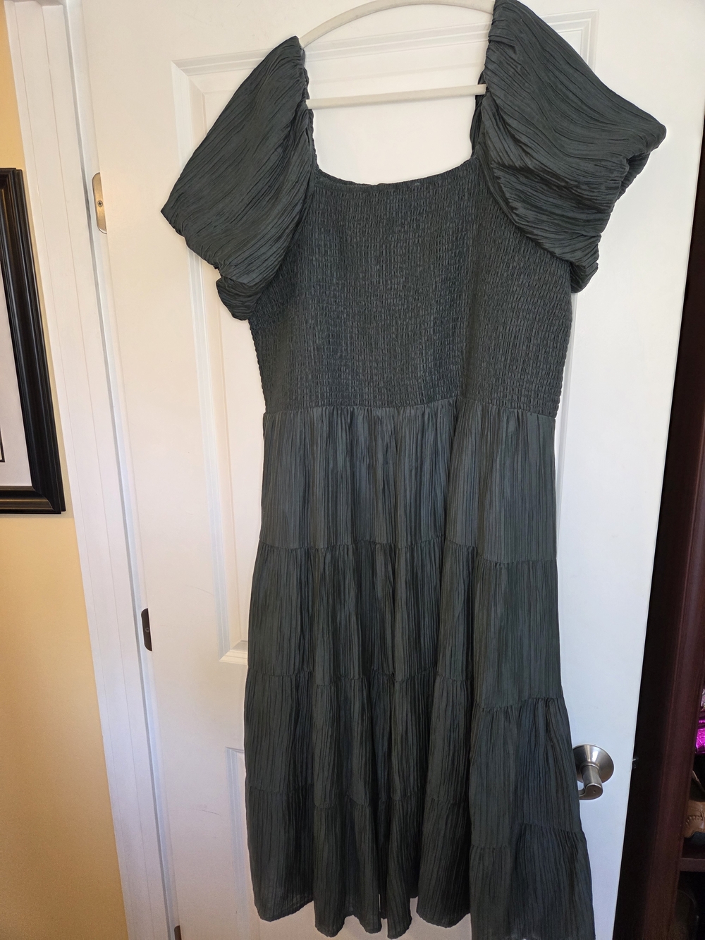 Crystal Sky Olive Green Smocked Top Balloon Sleeve Tierred Maxidress Sz 2X NWT